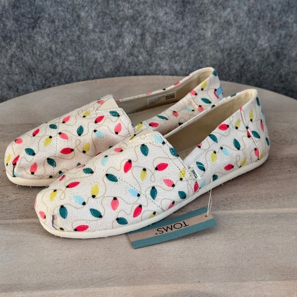 TOMS Womens Shoes Belmont Size 7.5 Natural Tree Lights Christmas Holiday New - Picture 3 of 13